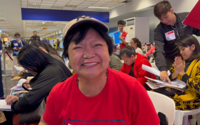 OFWs Fleeing Lebanon Conflict Arrive Home with Government Support Francisca Castillo, a household service worker in Lebanon for 40 years (Photo: DMW Facebook page)
