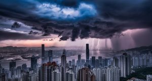 Typhoon signal 8 to be issued at 6.20pm – HKO Hong Kong's skyline under siege from an impending thunderstorm