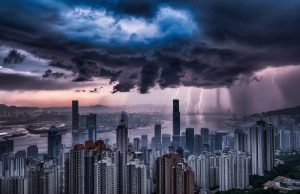 Typhoon signal 8 to be issued at 6.20pm – HKO Hong Kong's skyline under siege from an impending thunderstorm