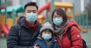 Cold Snap Grips Hong Kong as Temperatures Plunge to 12°C, Health Warnings Issued a_hong_kong_family_wearing_cold_weather_clothes_and_medical_masks_background_childrens_playground