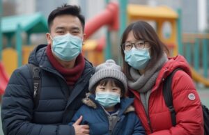 Cold Snap Grips Hong Kong as Temperatures Plunge to 12°C, Health Warnings Issued a_hong_kong_family_wearing_cold_weather_clothes_and_medical_masks_background_childrens_playground