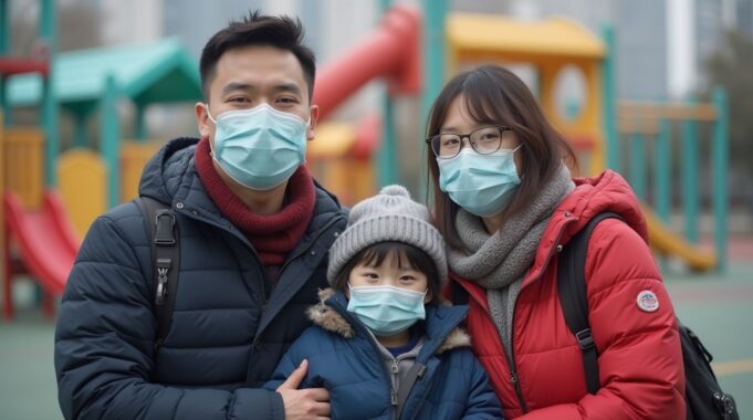 Cold Snap Grips Hong Kong as Temperatures Plunge to 12°C, Health Warnings Issued a_hong_kong_family_wearing_cold_weather_clothes_and_medical_masks_background_childrens_playground