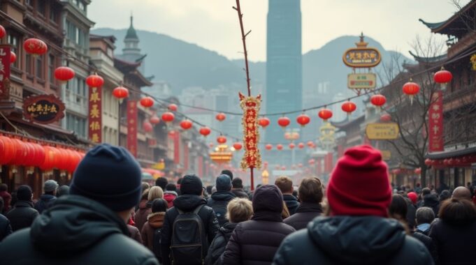Hong Kong Welcomes 1.4 Million Visitors During Chinese New Year Golden Week crowd_of_tourists_wearing_cold_weather_clothing_during_hong_kong_chinese_new_year_background_victoria_harbor 01
