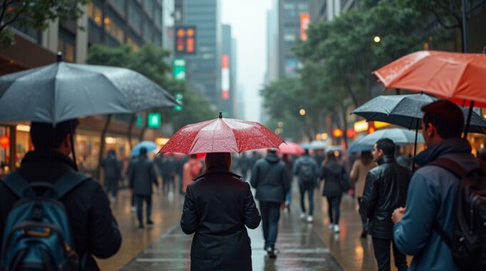 Uncertainty Looms as Tropical Cyclone Speculation Grows for Hong Kong people_on_a_busy_hong_kong_street_wearing_umbrellas_heavy_rain