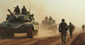 Global Military Spending Hits $2.7 Trillion in 2024, Driven by Conflicts and Geopolitical Tensions soldiers_in_battle_with_tankls_and_armored_personnel_carrier