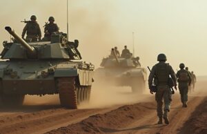 Global Military Spending Hits $2.7 Trillion in 2024, Driven by Conflicts and Geopolitical Tensions soldiers_in_battle_with_tankls_and_armored_personnel_carrier