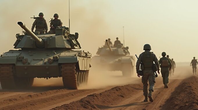 Global Military Spending Hits $2.7 Trillion in 2024, Driven by Conflicts and Geopolitical Tensions soldiers_in_battle_with_tankls_and_armored_personnel_carrier