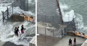 Father and Domestic Helper Charged After Risking Children’s Lives at Waterfront During Typhoon Ragasa Kennedy Town waterfront during typhoon Ragasa