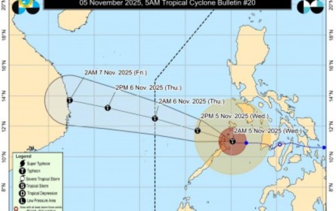 Typhoon Tino Maintains Strength as It Crosses Northern Palawan; Signal No. 4 Hoisted in Several Areas tino-5am-nov-5-2025, (PAGASA graphics)